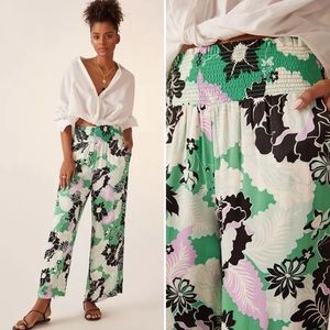 Anthropologie Maeve Printed Wide Leg Pant Pull On Smocked Floral Silky Green